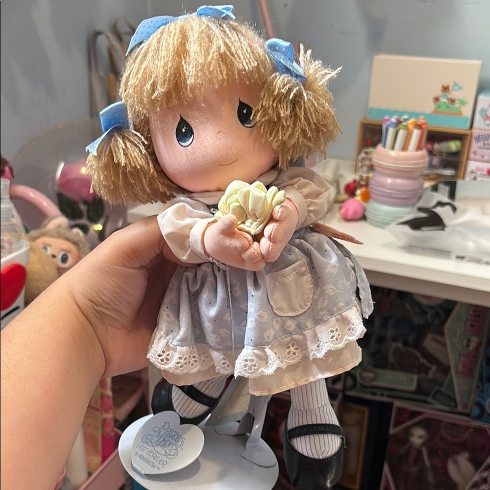 Adorable Precious Moments Doll  with Blue Dress and Blonde Hair